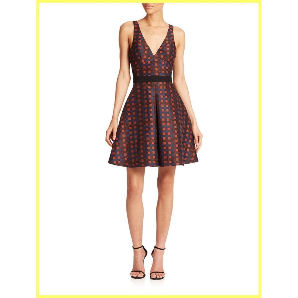 ABS BY ALLEN SCHWARTZ ORANGE BLACK CHECK PRINT MESH‎ FIT FLARE DRESS 0